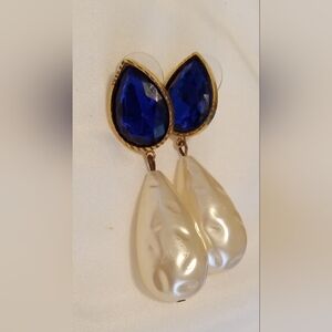 Large pearl and blue earrings